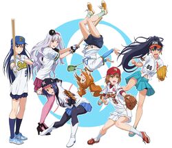  6+girls :d anklet arms_up baseball_bat baseball_cap baseball_mitt baseball_uniform bike_shorts black_footwear black_hair black_legwear black_shorts black_skirt blue_eyes blue_footwear blue_hair blue_headwear blue_shorts blue_skirt blue_sleeves blue_socks brown_eyes brown_hair chiba_lotte_marines commentary_request copyright_request dress_shirt earrings floating_hair fukuoka_daei_hawks full_body ganaha_hibiki gloves green_hair green_legwear grey_hair hagiwara_yukiho hair_between_eyes hair_ornament hairband hat high_heels high_ponytail highres hokkaido_nippon-ham_fighters holding idolmaster idolmaster_(classic) jewelry kinetsu_buffaloes kisaragi_chihaya kneehighs layered_skirt layered_sleeves long_hair long_sleeves looking_at_viewer midriff miniskirt miura_azusa multiple_girls navel nigou nippon_professional_baseball open_mouth orix_blue_wave orix_buffaloes pencil_skirt pink_legwear pleated_skirt pumps purple_skirt red_eyes red_hairband red_sleeves saitama_seibu_lions sandals shijou_takane shiny_skin shirt shoes short_hair short_over_long_sleeves short_shorts short_sleeves shorts skirt smile sneakers socks sportswear standing stomach suzuki_ichirou takatsuki_yayoi thighhighs tied_shirt touhoku_rakuten_golden_eagles twintails upside-down very_long_hair white_gloves white_shirt yellow_footwear zettai_ryouiki 