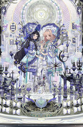  2girls :d animal bad_id bad_pixiv_id black_hair blue_bow blue_flower blue_rose bonnet bow brown_eyes brown_hair bug butterfly chess_piece closed_mouth dress dress_bow english_text feline flower framed_insect green_flower green_rose hand_up heart highres holding_hands interlocked_fingers lolita_fashion long_hair looking_at_viewer multiple_girls open_mouth original pantyhose puffy_short_sleeves puffy_sleeves purple_eyes purple_flower rose short_sleeves smile standing symmetry touzai_(poppin_phl95) very_long_hair white_bow white_cat white_dress white_flower white_legwear white_rose wide_sleeves 