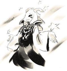  2018 5_fingers anthro asriel_dreemurr_(god_form) black_and_white boss_monster_(undertale) bovid caprine clothing fangs fingers hi_res horn looking_at_viewer male mammal monochrome riiikuta simple_background solo star teeth undertale undertale_(series) 