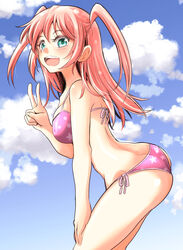  :d ass back bikini blue_sky blush breasts butt_crack cloud cloudy_sky commentary day female green_eyes hand_on_own_knee highres long_hair nemoto_hina open_mouth outdoors pink_hair sky smile solo standing swimsuit teeth thong_bikini two_side_up v watashi_ga_motenai_no_wa_dou_kangaetemo_omaera_ga_warui! zatou_(kirsakizato) 