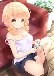  &gt;:) absurdres ahoge barefoot black_shorts blonde_hair blurry blurry_background blush breasts camisole cleavage closed_mouth commentary_request controller couch crossed_legs depth_of_field female full_body game_controller gamepad hair_ornament hair_scrunchie highres holding inahori indoors long_hair low_twintails medium_breasts original plant potted_plant scrunchie short_shorts shorts sitting smile solo strap_slip super_famicom_gamepad twintails v-shaped_eyebrows white_camisole wooden_floor yellow_scrunchie 