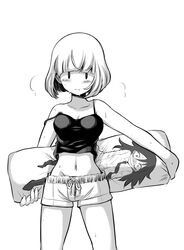  blush bob_cut commentary_request dakimakura_(object) female frown greyscale highres holding holding_pillow kuroki_tomoko midriff monochrome navel pillow short_hair solo strap_slip sweat uchi_emiri watashi_ga_motenai_no_wa_dou_kangaetemo_omaera_ga_warui! zatou_(kirsakizato) 