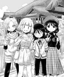  4girls :d bags_under_eyes beret blush boots bow breasts capri_pants cardigan casual commentary_request dress earrings floral_print girl_sandwich greyscale grin hairbow hand_on_another&#039;s_shoulder hat highres holding_hands jewelry kuroki_tomoko long_hair monochrome multiple_girls open_mouth pants print_dress revision sandwiched short_shorts short_twintails shorts smile smiley_face sweatdrop tamura_yuri thigh_boots thighhighs turtleneck twintails uchi_emiri v watashi_ga_motenai_no_wa_dou_kangaetemo_omaera_ga_warui! yoshida_masaki zatou_(kirsakizato) |_| 