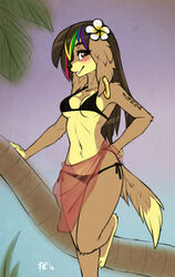  2018 accessory anthro bikini blush breasts brown_body brown_eyes brown_fur brown_nose canid canine canis clothed clothing conditional_dnp digital_media_(artwork) domestic_dog exposure_variation female flower flower_in_hair fluff-kevlar fur hair hair_accessory highlights_(coloring) mammal medium_breasts multicolored_highlights navel piercing pinup plant pose rainbow_highlights reimina_keishana smile solo swimwear tail tattoo text translation_request under_boob 