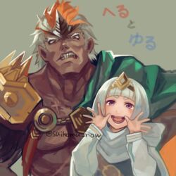  1boy commentary_request dark-skinned_male dark_skin female fire_emblem fire_emblem_heroes grey_background helbindi_(fire_emblem) long_sleeves multicolored_hair open_mouth orange_hair purple_eyes red_eyes short_hair simple_background suikomu_now tiara twitter_username upper_body white_hair ylgr_(fire_emblem) 