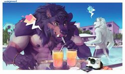  2019 abs alcohol anthro artist_name beverage canid canine canis clothed clothing cocktail digital_media_(artwork) duo exclamation_point fangs felid fur heart_symbol hi_res lion male male/male mammal muscular pantherine pecs purple_body purple_fur question_mark ronte swimming swimming_pool teeth topless water whiteleonard wolf 