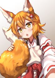  :o absurdres animal_ear_fluff animal_ears blonde_hair blush commentary_request female fox_ears fox_tail gradient_background grey_background hair_between_eyes hair_ornament highres japanese_clothes long_sleeves miko miyabi_(miyabeeya) oerba_yun_fang open_mouth senko_(sewayaki_kitsune_no_senko-san) sewayaki_kitsune_no_senko-san short_hair solo tail yellow_eyes 