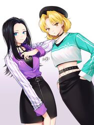  2girls bad_id bad_pixiv_id bang_dream! belt beret black_hair black_shirt black_skirt blonde_hair blue_eyes collar collared_jacket crop_top earrings elbow_on_another&#039;s_shoulder grin hand_in_pocket hat hoop_earrings jacket jewelry long_hair long_skirt long_sleeves looking_at_viewer medium_skirt midriff minori_(faddy) multiple_girls no_bangs parted_bangs parted_lips pencil_skirt purple_jacket sato_masuki shirt short_hair skirt smile studded_belt v-shaped_eyebrows wakana_rei yellow_eyes 