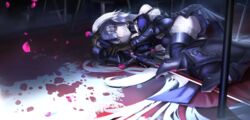  absurdres armor armored_dress black_dress black_gloves black_thighhighs blood breasts chains commentary_request dress fate/grand_order fate_(series) faulds female fur_trim gauntlets gloves greaves grey_hair headpiece highres jeanne_d&#039;arc_alter_(avenger)_(fate) jeanne_d&#039;arc_alter_(avenger)_(third_ascension)_(fate) jeanne_d&#039;arc_alter_(fate) large_breasts long_hair lying nakasaku-p on_side solo sword thighhighs vambraces very_long_hair weapon yellow_eyes 