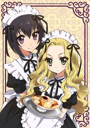  2girls alternate_costume alternate_hair_color apron bad_id bad_twitter_id black_dress black_hair blonde_hair bob_cut commentary_request curly_hair dress eyelashes food frills green_eyes high_collar highres holding kinoshita_sakura lolicon long_hair looking_at_viewer maid maid_apron maid_headdress multiple_girls official_art puffy_sleeves purple_eyes ribbon rosalie_(tactics) short_hair short_sleeves smile tactics very_long_hair youko_(tactics) 