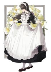  apron apron_hold bad_id bad_pixiv_id black_dress black_hair blush brown_footwear closed_eyes commentary dress female floral_background flower freesia_(flower) frilled_apron frills full_body highres juliet_sleeves long_hair long_sleeves maid maid_apron maid_headdress mary_janes original pantyhose parted_lips picture_frame pleated_dress puffy_sleeves shii_(kairi-t-k0317) shoes skirt_hold solo standing very_long_hair white_apron white_background white_flower white_pantyhose yellow_flower 