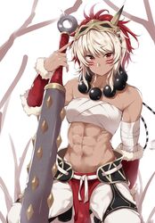  abs closed_mouth club_(weapon) commentary dark-skinned_female dark_skin facial_mark female fire_emblem fire_emblem_fates fur_trim holding holding_weapon jiino looking_at_viewer mask multicolored_hair muscular muscular_female navel obliques red_eyes rinkah_(fire_emblem) sarashi seiza short_hair sitting solo weapon white_hair 