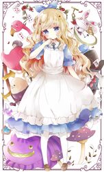  absurdres alice_(alice_in_wonderland) alice_in_wonderland animal apron bad_id bad_pixiv_id bird black_headwear black_pants black_ribbon blonde_hair blue_dress blue_eyes blue_ribbon blush braid brown_footwear card caterpillar_(alice_in_wonderland) cheshire_cat_(alice_in_wonderland) closed_mouth collared_dress commentary diamond_(shape) dress evil_grin evil_smile feline female flamingo flower frilled_apron frills full_body green_vest grin hair_ornament hair_ribbon hat head_tilt heart heart_hair_ornament highres humpty_dumpty loafers long_hair mad_hatter_(alice_in_wonderland) maid_apron mushroom neck_ribbon pants pantyhose playing_card pocket_watch puffy_short_sleeves puffy_sleeves rabbit red_flower red_rose ribbon rose sharp_teeth shirt shoes short_sleeves smile spade_(shape) standing teeth top_hat tsukiyo_(skymint) very_long_hair vest watch white_apron white_legwear white_rabbit_(alice_in_wonderland) white_shirt 