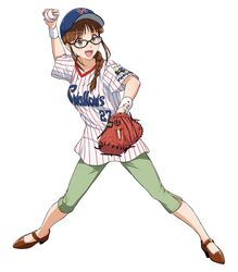  akizuki_ritsuko arm_up ball baseball baseball_(object) baseball_cap baseball_uniform blue_hat braid brown_eyes brown_hair commentary_request female full_body glasses hat high_heels highres holding holding_ball idolmaster idolmaster_(classic) legs_apart looking_away medium_hair nigou nippon_professional_baseball short_sleeves solo sportswear tokyo_yakult_swallows 