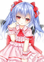  :o alternate_hairstyle ascot bat_wings black_wings blue_hair blurry blurry_background blush bow center_frills collared_shirt commentary depth_of_field dutch_angle female fingernails frilled_shirt_collar frills hair_between_eyes hairbow hand_up long_hair looking_at_viewer oerba_yun_fang parted_lips pink_shirt pink_skirt puffy_short_sleeves puffy_sleeves red_ascot red_bow red_eyes red_nails remilia_scarlet shirt short_sleeves simple_background skirt solo tengxiang_lingnai touhou twintails white_background wings wrist_cuffs 