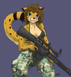  2019 anthro ar-10 ar_platform army biped black_body black_fur blue_eyes bra breasts brown_hair camo camo_print cheetah clothed clothing digital_media_(artwork) felid feline female front_view fur gun hair hi_res holding_gun holding_object holding_ranged_weapon holding_weapon looking_at_viewer mammal markings military portrait purple_background ranged_weapon rifle sa-chat sachat signature simple_background sitting sniper solo spots spotted_body spotted_fur stoner_rifle three-quarter_portrait underwear weapon yellow_body yellow_fur 