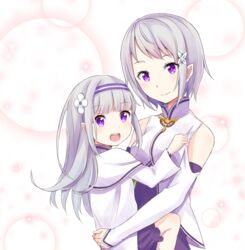  2girls :d alternate_hair_length alternate_hairstyle capelet carrying commentary_request detached_sleeves emilia_(re:zero) floating_hair flower fortuna_(re:zero) grey_hair hair_flower hair_ornament hairband long_hair long_sleeves miniskirt mother_and_daughter multiple_girls nemu_mohu open_mouth pleated_skirt pointy_ears purple_eyes purple_hairband purple_skirt re:zero_kara_hajimeru_isekai_seikatsu short_hair skirt smile standing white_capelet white_flower white_sleeves 