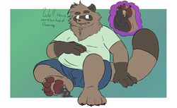  2019 4_toes absurd_res andythetanuki andythetanuki_(character) anthro bear belly big_belly brown_body brown_fur canid canine clothed clothing dialogue digital_media_(artwork) duo english_text feet fur hi_res macro male male/male mammal micro open_mouth overweight overweight_male paws raccoon_dog simple_background size_difference tanuki text toes 