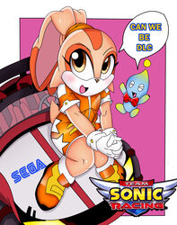  absurd_res ambiguous_gender anthro asking_viewer bow_(feature) bow_tie brown_eyes chao_(sonic) cheese_the_chao clasped_hands clothed clothing cream_the_rabbit darkfang100 dialogue dipstick_ears duo ear_markings english_text female footwear fully_clothed gloves hands_together hands_together_elbows_apart handwear hi_res interlocked_fingers knock-kneed lagomorph leporid looking_at_viewer looking_up looking_up_at_viewer mammal motor_vehicle multicolored_ears on_car on_hood rabbit race_queen racecar racing_suit requesting sega shoes short_tail sitting sitting_on_car sitting_on_vehicle sonic_the_hedgehog_(series) speech_bubble tail team_sonic_racing text tied_ears young young_anthro 