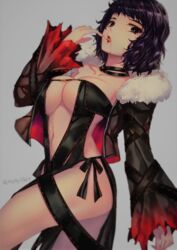  black_dress black_hair black_jacket black_ribbon blood blood_from_mouth breasts cleavage collarbone commentary_request cosplay dress fate/grand_order fate_(series) female fur-trimmed_jacket fur_trim grey_background jacket jewelry kawakami_sadayo large_breasts long_sleeves looking_at_viewer necklace open_clothes open_jacket open_mouth persona persona_5 purple_eyes revealing_clothes ribbon short_hair simple_background solo standing strapless strapless_dress tongue tongue_out twitter_username yaoto yu_mei-ren_(fate) yu_mei-ren_(fate)_(cosplay) 