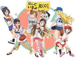  6+girls :d akizuki_ritsuko amami_haruka antenna_hair arm_at_side arm_up ass asymmetrical_gloves ball baseball baseball_(object) baseball_bat baseball_cap baseball_mitt baseball_uniform belt black_eyes black_gloves black_hair black_sleeves black_socks blonde_hair blue_eyes blue_headwear blue_legwear blue_shorts boots braid brown_eyes brown_hair chunichi_dragons commentary_request contrapposto copyright_request denim denim_shorts dress_shirt floating_hair from_behind full_body futami_ami futami_mami glasses gloves green_eyes green_legwear grin groin hair_between_eyes hair_bobbles hair_ornament hand_on_own_hip hanshin_tigers hat heart high_heel_boots high_heels highres hiroshima_touyou_carp holding holding_ball holding_hands holding_sign hoshii_miki idolmaster idolmaster_(classic) interlocked_fingers kikuchi_makoto kneepits layered_sleeves leg_up legs_apart long_hair long_sleeves looking_away looking_to_the_side loose_thighhigh medium_hair micro_shorts midriff minase_iori miniskirt multiple_girls navel nigou nippon_professional_baseball one_side_up open_mouth pink_footwear pink_legwear pink_skirt pleated_skirt red_eyes red_footwear red_gloves shiny_skin shirt shoes short_hair short_over_long_sleeves short_shorts short_sleeves shorts siblings side_ponytail sign simple_background sisters skindentation skirt smile sneakers socks sportswear standing standing_on_one_leg star_(symbol) stomach striped_clothes striped_shirt striped_thighhighs sweatdrop tareme thighhighs thighs tied_hair tokyo_yakult_swallows translation_request uneven_gloves vertical-striped_clothes vertical-striped_shirt very_long_hair white_background white_belt white_footwear white_legwear white_shirt wristband yellow_footwear yellow_skirt yokohama_dena_baystars yomiuri_giants zettai_ryouiki zipper 