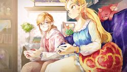  1boy artist_name bespectacled blonde_hair blue_dress blurry blurry_background bokoblin bookshelf commentary_request contemporary controller couch dress earrings female game_controller glasses green_eyes hair_ornament hairclip highres indoors jewelry korok link long_sleeves looking_at_another pearjarrr pillow playing_games pointy_ears ponytail princess_zelda sitting smile the_legend_of_zelda the_legend_of_zelda:_breath_of_the_wild vase watch wristwatch 