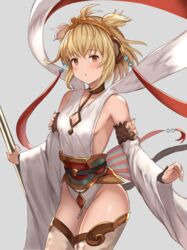  andira_(granblue_fantasy) aqua_(popogori) bare_shoulders blonde_hair blush breasts brown_eyes cleavage cleavage_cutout clothing_cutout collarbone commentary_request cowboy_shot detached_sleeves female granblue_fantasy grey_background holding leotard long_sleeves looking_at_viewer pantyhose parted_lips shiny_skin short_hair sideboob sideless_outfit simple_background small_breasts solo standing thighband_pantyhose thighs white_leotard white_pantyhose white_sleeves wide_sleeves 