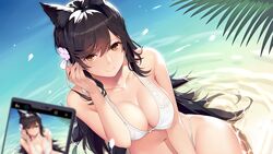  animal_ears anthro atago_(azur_lane) azur_lane beach bikini black_hair breasts brown_eyes camera cleavage erect_nipples foxgirl long_hair navel phone swimsuit waifu2x water xiaoyin_li 