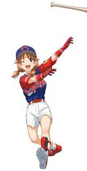  baseball_bat baseball_cap baseball_uniform blue_hat blush breasts brown_eyes brown_hair commentary_request copyright_request female gloves hat high-waist_shorts highres hiroshima_touyou_carp idolmaster idolmaster_cinderella_girls katagiri_sanae large_breasts looking_at_viewer nigou nippon_professional_baseball one_eye_closed open_mouth red_footwear red_gloves shoes short_hair short_sleeves short_twintails shorts smile sneakers socks solo sportswear twintails white_socks 