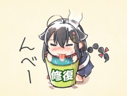  ahoge black_hair black_serafuku blush braid bucket bucket_of_water chibi closed_eyes collar commentary_request drinking female hair_between_eyes hair_flaps hair_ornament hair_ribbon hairclip kantai_collection koppa_mijinko_(series2023) long_hair nose_blush pleated_skirt repair_bucket ribbon school_uniform serafuku shigure_(kancolle) shigure_kai_ni_(kancolle) simple_background single_braid skirt solo steam sweat sweatdrop tongue tongue_out translation_request water wet 