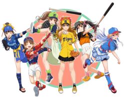  6+girls :d ;d asymmetrical_legwear ball baseball baseball_(object) baseball_cap baseball_mitt baseball_uniform belt bike_shorts black_gloves black_hair black_shorts blue_eyes blue_hair blue_headwear blue_legwear blue_shirt blue_shorts blue_sleeves blunt_bangs bow brown_eyes brown_hair chunichi_dragons closed_mouth commentary_request copyright_request floating_hair full_body gloves green_eyes green_legwear hair_between_eyes hairbow hamaguchi_ayame hanshin_tigers hat high_ponytail highres hino_akane_(idolmaster) hiroshima_touyou_carp holding holding_ball idolmaster idolmaster_cinderella_girls katagiri_sanae layered_skirt leg_up leg_warmers long_hair looking_at_viewer miniskirt multicolored_hair multiple_girls nakano_yuka nigou ninomiya_asuka nippon_professional_baseball one_eye_closed open_mouth outstretched_arm pink_eyes ponytail red_bow red_footwear scrunchie shirt shoes short_shorts short_sleeves short_twintails shorts shorts_under_skirt sidelocks simple_background skirt smile sneakers socks sportswear standing standing_on_one_leg takamori_aiko tied_hair tied_shirt tokyo_yakult_swallows twintails two-tone_hair uneven_legwear white_background white_shorts yellow_bow yokohama_dena_baystars yomiuri_giants 