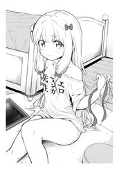  arm_support bad_id bad_twitter_id bed blush bow closed_mouth clothes_writing collarbone commentary_request copyright_name cushion drawing_tablet eromanga_sensei feet_out_of_frame female greyscale hair_between_eyes hairbow healthyman highres holding holding_own_hair indoors izumi_sagiri long_hair looking_at_viewer monochrome off_shoulder shirt short_sleeves sidelocks solo translated very_long_hair wooden_floor 