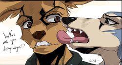  anthro anthro_on_anthro beastars black_nose canid canine canis cervine clothed clothing crossover crybaby_d deer duo english_text face_lick fangs humor jojo&#039;s_bizarre_adventure legoshi_(beastars) licking louis_(beastars) male male/male mammal meme red_deer signature teeth text this_taste_is_the_taste_of_a_liar tongue tongue_out wolf 