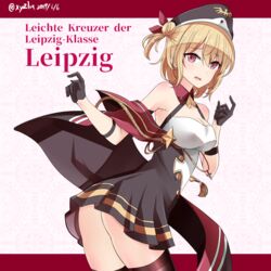  alpha_signature ass azur_lane bare_shoulders black_gloves black_thighhighs blonde_hair breasts butt_crack commentary_request female german_text gloves hair_bun hat hebitsukai-san highres leipzig_(azur_lane) leipzig_(retrofit)_(azur_lane) looking_at_viewer medium_breasts military military_uniform open_mouth red_eyes short_hair single_hair_bun solo thighhighs twisted_torso uniform 