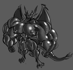  big_muscles dragmon dragon huge_muscles hyper hyper_muscles male monochrome muscular mythological_creature mythological_scalie mythology nipples pecs scalie solo tail 