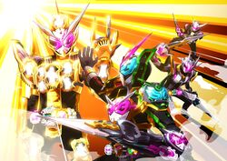  1boy absurdres armor commentary_request dual_wielding grand_zi-o_rider_watch helmet highres holding kamen_rider kamen_rider_grand_zi-o kamen_rider_zi-o kamen_rider_zi-o_(series) kamen_rider_zi-o_ii kamen_rider_zi-o_trinity looking_at_viewer multiple_views otokamu rider_belt shiny shoulder_armor spoilers sword weapon ziku_driver 