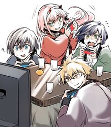  2boys 2girls ? blonde_hair blue_eyes blue_hair blush bob_cut brown_hair closed_mouth commentary confused cup darling_in_the_franxx drinking_glass eyeshadow food fruit glasses gorou_(darling_in_the_franxx) green_eyes grin hair_ornament hairband hairclip herozu_(xxhrd) highres hiro_(darling_in_the_franxx) horns ichigo_(darling_in_the_franxx) kotatsu long_hair makeup mandarin_orange motion_lines multiple_boys multiple_girls nintendo_switch oni_horns open_mouth pink_hair playing_games red_eyeshadow red_horns short_hair shouting smile smirk sparkle surprised sweatdrop table television video_game wavy_mouth white_hairband yellow_eyes zero_two_(darling_in_the_franxx) 