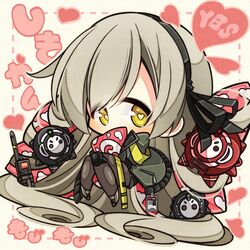  3others 7:08 absurdres armband bad_id bad_twitter_id chibi commentary female girls&#039;_frontline goliath_(girls&#039;_frontline) grey_hair hair_ribbon heart heart-shaped_pupils highres jacket long_hair multiple_others name_tag radio ribbon sangvis_ferri symbol-shaped_pupils ump40_(girls&#039;_frontline) yellow_armband yellow_eyes 