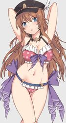  armpit_peek arms_behind_head bare_arms bare_shoulders bikini black_hat blue_bow blush bow braid breasts brown_hair cleavage female frills granblue_fantasy grey_background hair_between_eyes hair_ornament hat large_breasts lecia_(granblue_fantasy) lecia_(summer)_(granblue_fantasy) long_hair looking_at_viewer navel shiseki_hirame simple_background single_braid solo swimsuit 