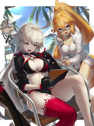  3girls ahoge bell bikini black-framed_eyewear black_bikini black_choker black_gloves black_jacket blonde_hair blue_eyes blue_sky blush bow breasts brown_eyes capelet chair choker cleavage cloud collarbone commentary_request competition_swimsuit cropped_jacket day dolphin elbow_gloves fate/grand_order fate_(series) fur-trimmed_capelet fur_trim glasses gloves green_bow green_ribbons grey_hair hair_between_eyes hairbow headpiece high_ponytail highleg highleg_swimsuit highres holding holding_pencil horizon jacket jeanne_d&#039;arc_(fate) jeanne_d&#039;arc_(swimsuit_archer)_(fate) jeanne_d&#039;arc_(swimsuit_archer)_(second_ascension)_(fate) jeanne_d&#039;arc_alter_(fate) jeanne_d&#039;arc_alter_(swimsuit_berserker)_(fate) jeanne_d&#039;arc_alter_santa_lily_(fate) jeanne_d&#039;arc_alter_santa_lily_(summer_little)_(fate) knee_up large_breasts leaning_forward long_hair long_sleeves multiple_girls navel o-ring o-ring_bikini o-ring_bottom o-ring_top ocean on_chair one-piece_swimsuit open_clothes open_jacket open_mouth outdoors palm_tree paper pencil pointing ponytail red_legwear ribbon scottie_(phantom2) shrug_(clothing) single_thighhigh sitting sky sleeves_past_wrists striped striped_bow striped_ribbon swimsuit table thigh_strap thighhighs tree v-shaped_eyebrows very_long_hair water whistle whistle_around_neck white_capelet white_hair white_jacket white_one-piece_swimsuit wide_sleeves yellow_eyes 