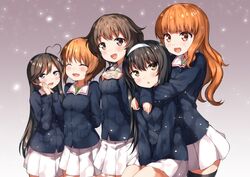  5girls :d :o ^_^ ahoge akiyama_yukari black_hair black_thighhighs blue_eyes blunt_bangs brown_eyes brown_hair closed_eyes commentary girls_und_panzer gradient_background hair_between_eyes hairband hands_on_own_chest hug hug_from_behind interlocked_fingers isuzu_hana jacket long_hair long_sleeves looking_at_viewer miyabi_(miyabeeya) multiple_girls nishizumi_miho ooarai_military_uniform open_mouth own_hands_together pleated_skirt reizei_mako short_hair skirt smile takebe_saori thighhighs white_skirt zettai_ryouiki 