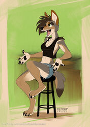  2019 4_toes anthro barefoot black_nose black_pawpads canid canine canis chair claws clothed clothing coyote detailed_background digital_media_(artwork) feet female fur furniture green_eyes hair mammal multyashka-sweet open_mouth pawpads sahara_(nicnak044) sitting solo toes tongue 