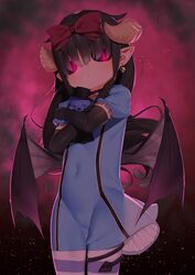  aimi_(youmaen) bad_id bad_twitter_id black_gloves black_hair black_sclera blue_dress bow choker colored_sclera commentary commission covered_navel demon_girl demon_horns demon_tail demon_wings dress earrings elbow_gloves female gloves hair_between_eyes hair_over_eyes hairbow highres holding holding_stuffed_toy horns jewelry looking_at_viewer maritsu_loli_succubus_youmaen miyamae_(miyazen9311) red_bow red_eyes stuffed_animal stuffed_toy tail tail_wrap teddy_bear wings 