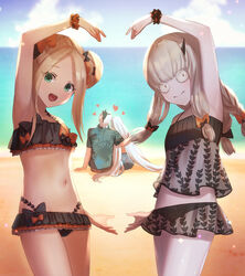  1boy 3girls abigail_williams_(emerald_float)_(fate) abigail_williams_(fate) armpits bare_shoulders bikini black_bikini black_bow blonde_hair blue_eyes blush bow breasts brynhildr_(fate) closed_mouth colored_skin commentary dolce_(dolsuke) double_bun fate/grand_order fate/prototype fate/prototype:_fragments_of_blue_and_silver fate_(series) forehead frilled_bikini frills hair_bun hairbow heart_arms heart_arms_duo horns lavinia_whateley_(emerald_float)_(fate) lavinia_whateley_(fate) long_hair multiple_girls navel ocean official_alternate_costume open_mouth orange_bow outdoors parted_bangs photoshop_(medium) polka_dot polka_dot_bow red_eyes sidelocks sigurd_(fate) single_horn small_breasts smile swimsuit white_hair white_skin wide-eyed 