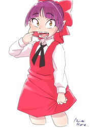  bow cat_girl commentary_request cropped_legs dress female gegege_no_kitarou hairbow looking_at_viewer mizu_kane mouth_pull nekomusume nekomusume_(gegege_no_kitarou_6) open_mouth pointy_ears purple_hair red_bow red_dress sharp_teeth short_hair simple_background solo teeth white_background yellow_eyes 