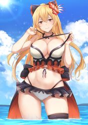  bare_shoulders beach bikini black_bow blonde_hair bow breasts cleavage commentary empty_eyes female flower granblue_fantasy hair_between_eyes hair_flower hair_ornament hairbow highres large_breasts long_hair official_alternate_costume orange_eyes outdoors ponytail red_eyes sky smile solo swimsuit terry_(pixiv3274443) vira_(granblue_fantasy) vira_(summer)_(granblue_fantasy) 