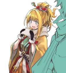  1boy black_gloves blonde_hair blush commentary_request female folded_ponytail fur-trimmed_gloves fur_trim gloves granblue_fantasy hair_ornament hair_ribbon katana lefthand mirin_(granblue_fantasy) red_ribbon ribbon scarf smile solo_focus sword weapon white_background wide_sleeves 