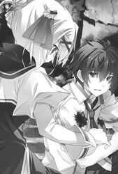  1boy age_kanata amami_mikihiro bad_source christina_balcuhorn female greyscale hair_ribbon highres jpeg_artifacts kuusen_madoushi_kouhosei_no_kyoukan monochrome novel_illustration official_art photoshop_(medium) resized ribbon school_uniform upscaled 