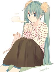  bird bird_hair_ornament blowing_on_food blowing_steam blue_hair chick coffee_mug commentary_request cup feline female fluffy_legwear hair_ornament hatsune_miku holding holding_cup kuronyanko long_hair long_skirt mug o3o shirt skirt striped_clothes striped_shirt sweater twintails vocaloid 