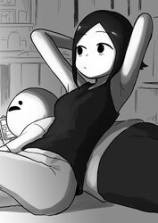  1boy anemanta_(character) armpits breasts cellphone commentary denim expressionless female greyscale highres holding holding_phone indoors interior jeans lying lying_on_another medium_breasts midriff monochrome on_back original pants phone reclining shiromanta shiromanta_(character) shirt short_hair singlet sitting smartphone t-shirt 